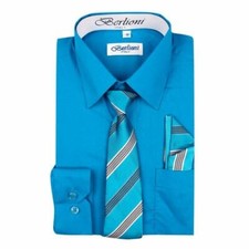 BERLIONI ITALY KIDS BOYS DRESS SHIRT LONG SLEEVE WITH TIE  HANKY TURQUOISE