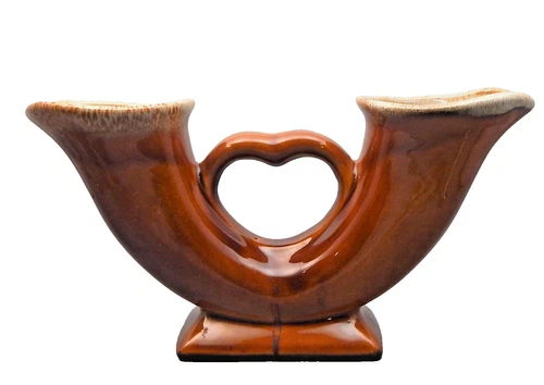 Van Briggle Art Pottery Double Horn Vase, c1950 Honey Gold Drip Glaze Sgd 5"x10"