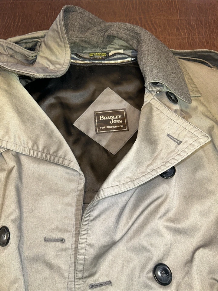 Gabardina de Colección Bradley Jons Hombres Gris Algodón Con Botones Cremallera Forro de Lana L-40 Foto 2 de 4