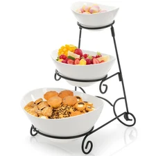 3 Tiered Serving Bowl Set, Ceramic Chip and Dip Serving Dishes with Collapsib...