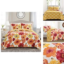 Lush Decor Leah Reversible Floral Quilt Set 3 Piece Queen Red Orange