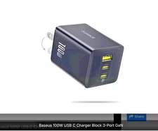 Baseus 100W USB C Charger Block, 3-Port GaN Foldable Compact PPS Wall Black 