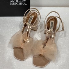 Badgley Mischka Women Tess Tulle Bow Block Heel Sandals Blush Size 8M