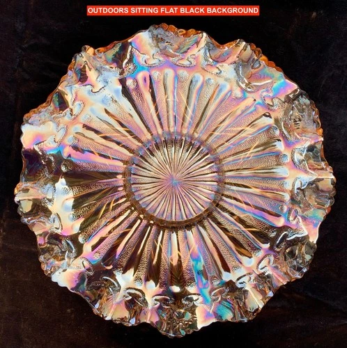 MILLERSBURG RADIUM MG CARNIVAL GLASS “RAYS & RIBBONS” LOW 10” BOWL –SUPER PRETTY