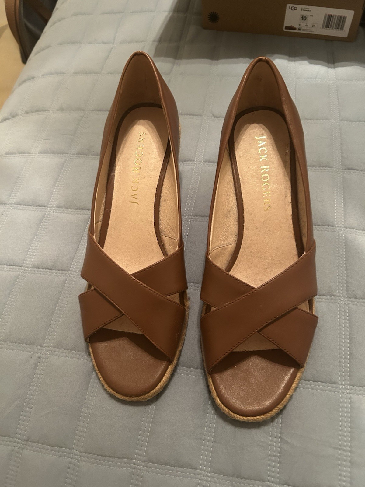 Jack Rogers Women's Brown Leather Espadrille Sandals Criss Cross Slip On Wedge