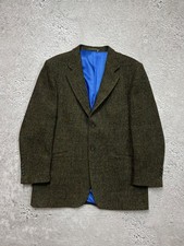 Vintage Harris Tweed brown herringbone wool blazer sport coat R44 blue lining