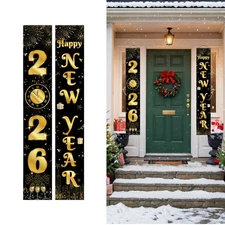2026 New Years Porch Banner, Black And Gold Hanging Banner Decorations Happy ...
