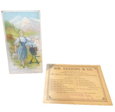 2 Old Trade Cards- U S Separator Co + Wm Deering + John Player Cleopatra Card