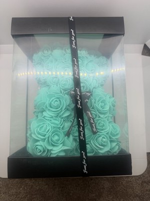 Blue Artificial Rose Flowers Bear 9 Inch Wedding Party Decoration Gift Box