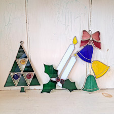 LOT 3 Lead Stained Glass Christmas Window Suncatchers Tree, Bells, Candles