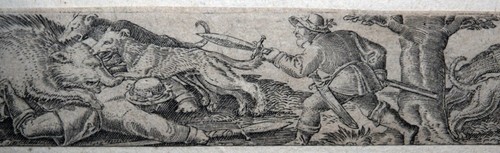 HUNTING BÄREN WILDSCHWEIN JAGD KUPFERSTICH BROSAMER MONOGRAMM PASSEPARTOUT 1550 - Picture 11 of 12