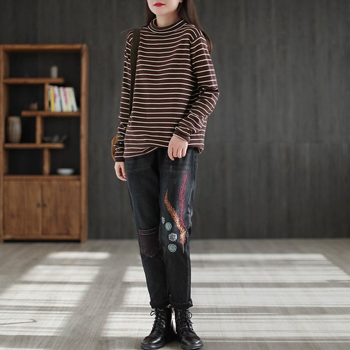 Women Embroidered Denim Trousers Thermal Jeans Pants Winter Warm - Picture 6 of 9