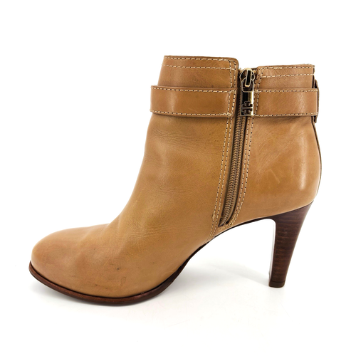 Womens 8 M Tory Burch Bristol Ankle Boots Brown Leather Heeled Booties Gold Logo - Picture 7 of 14