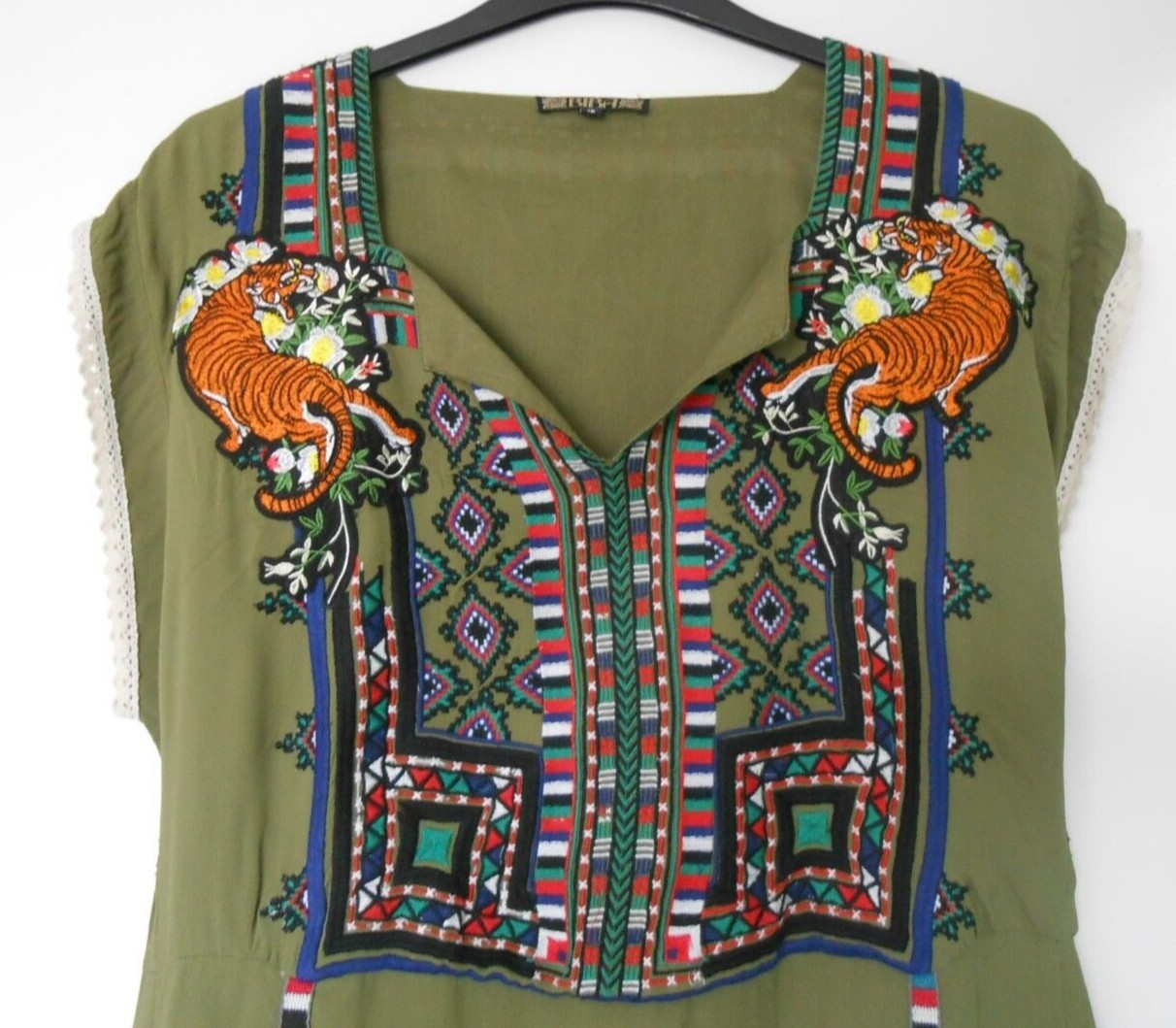 Fab BIBA tiger dress 18 green embroidered lined pockets superb cond