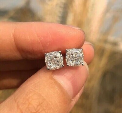 #ad 3 Ct White Treated Diamond Cushion Shape Studs Earrings Color F Certified $263.20