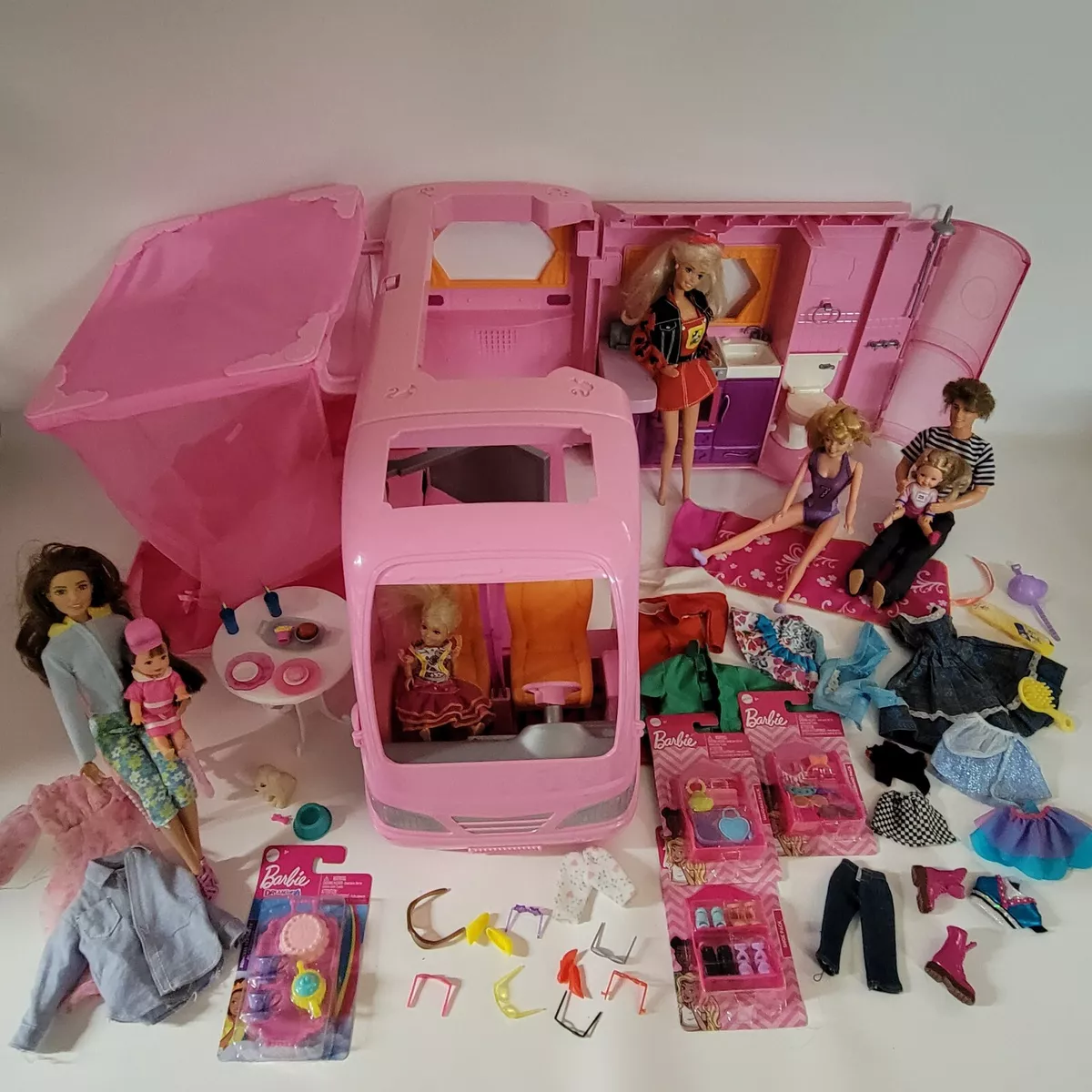 Barbie Camper RV Pink Vacation Glamour Van Car With 7 Dolls Pop out Tent  102 Pcs