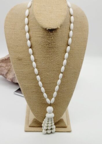 Vintage Monet White CHUNKY Bead Necklace Tassel 25