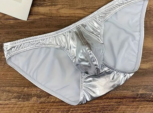 New Men's Sexy Shiny Silver Low Rise Bikini Brief w/Contoured Pouch-Gay Interest - Picture 3 of 10