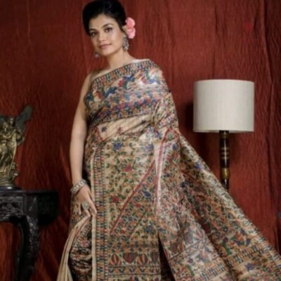 Madhubani Pure Tussar Ghicha Hand Painted Saree