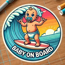 BABY ON BOARD 4" VINYL STICKER SURFING BABY SURFER BUMPER STICKER