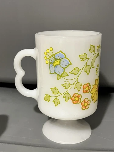 Vintage Fire King Milk Glass Pedestal Mug Yellow Blue Flowers Heart Handle Cup