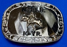 N.S.T.R. 10 Year Nebraska Rodeo Western Cowboy Ranch Rodeo Mirrored Belt Buckle