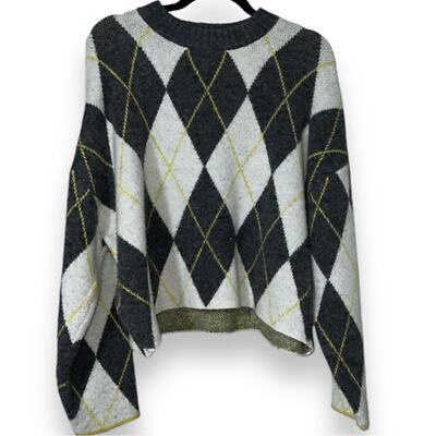 PRINGLE OF SCOTLAND X H&M size medium oversized Argyle Sweater grey yellow cream