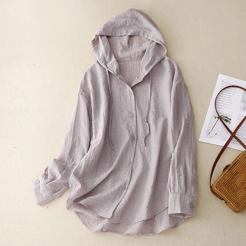 Cardigan camicia donna cotone lino casual con cappuccio bottoni manica lunga traspirante - Foto 4 di 18