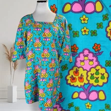 Vintage 60s Design House Japan Smock Apron Top Blue Fruit Trees