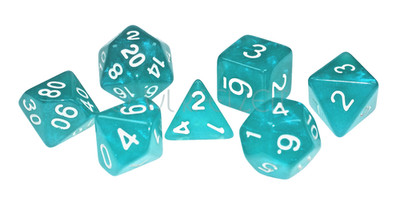 RPG Poly Set Moonstone topaz-blau  m/weiss Würfelzeit w4-w20 DnD 7 Würfel 