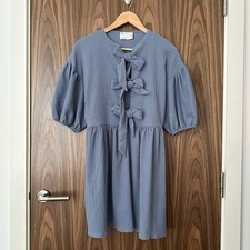 ASOS Blue Puff Sleeve Bow Tie Front Textured Babydoll Mini Dress UK 10 NEW £36
