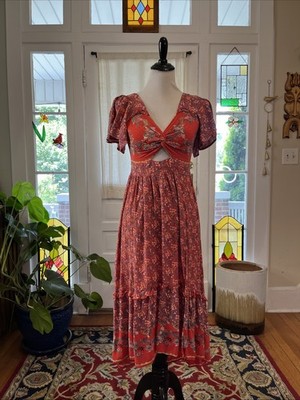 ANGIE S Red Floral Boho Cutout Maxi Smocked Sun Dress Hippie Festival Cottage