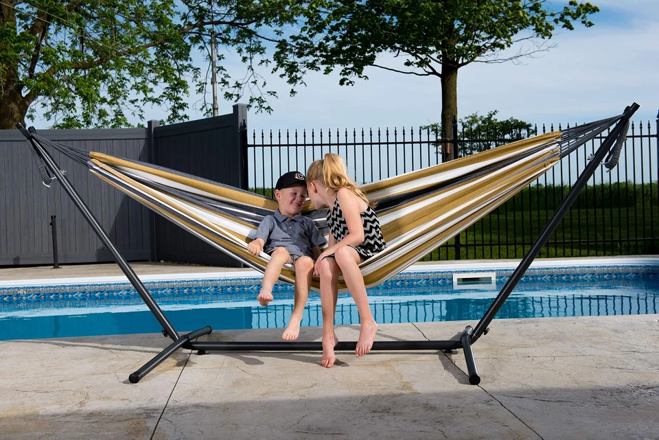 Double Cotton Hammock with Space Saving Steel Stand, Upgraded Polyester End S... - Image 3 of 4
