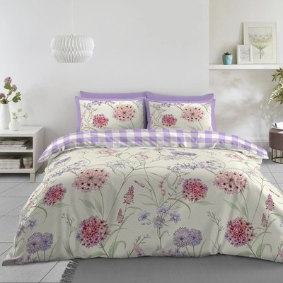 Botanischer Frühling Bettbezug Wende Gingham Quilt Bettwäsche Set Double Flieder