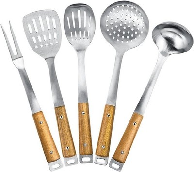 Kichen Maestro 5 piece Stainless Steel Utensil Set with Acacia Wood Handles