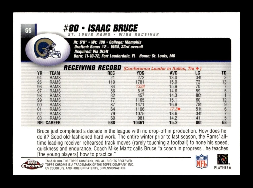 2004 Topps Chrome Isaac Bruce St. Louis Rams #66 - Image 2 of 2