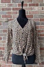 Women's size 4 H M blouse top Leopard print tie front long sleeved Button up