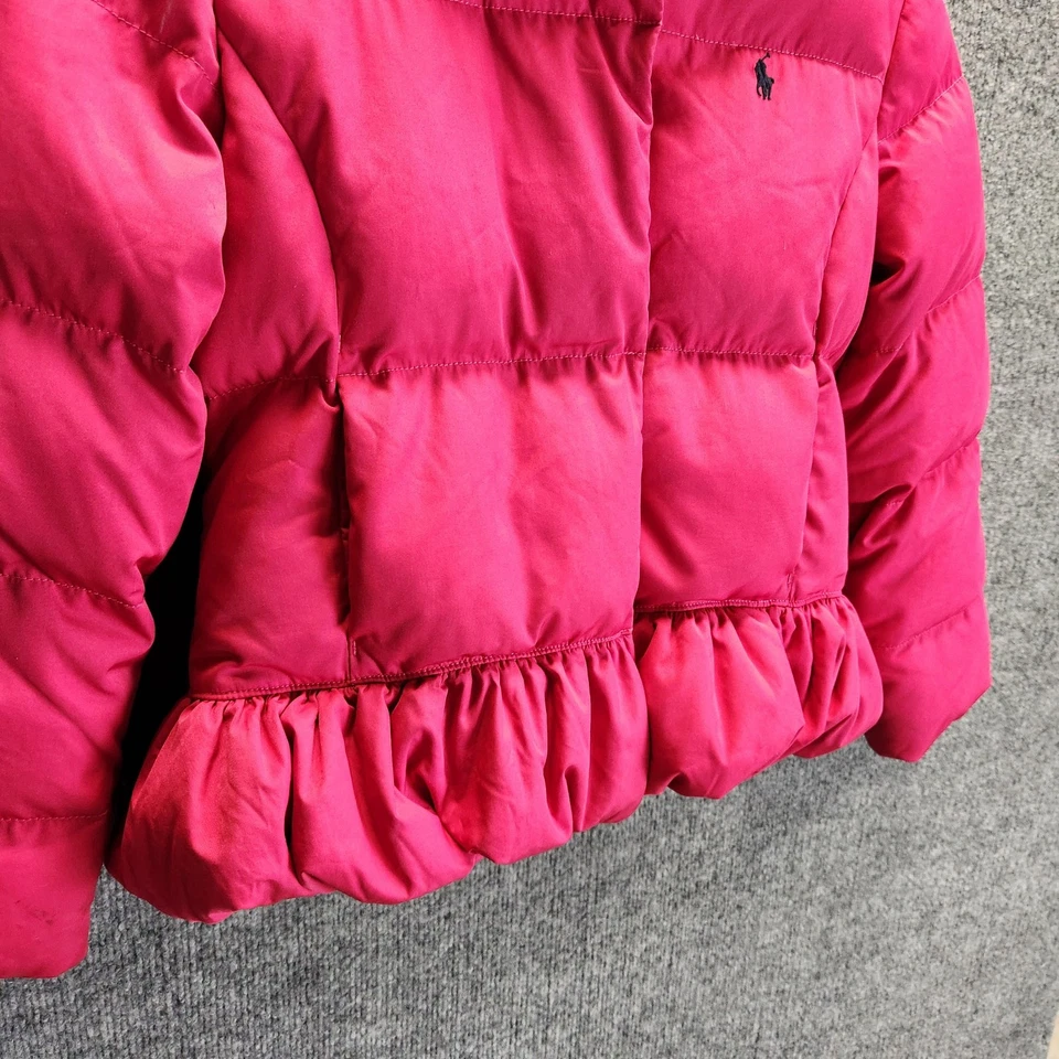 Ralph Lauren 夹克女孩中号粉色羽绒连帽荷叶边下摆外套 — 第 3/4 张图片