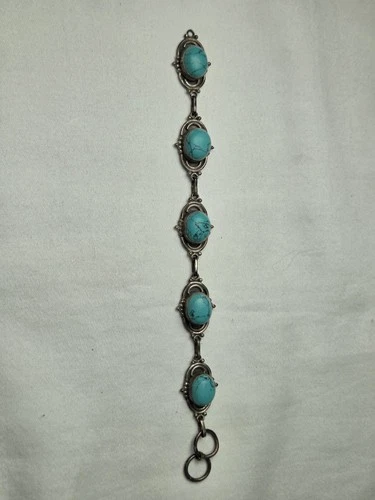 Vintage Sterling Silver 925 Turquoise Oval Link Bracelet 7 in Bezel Setting