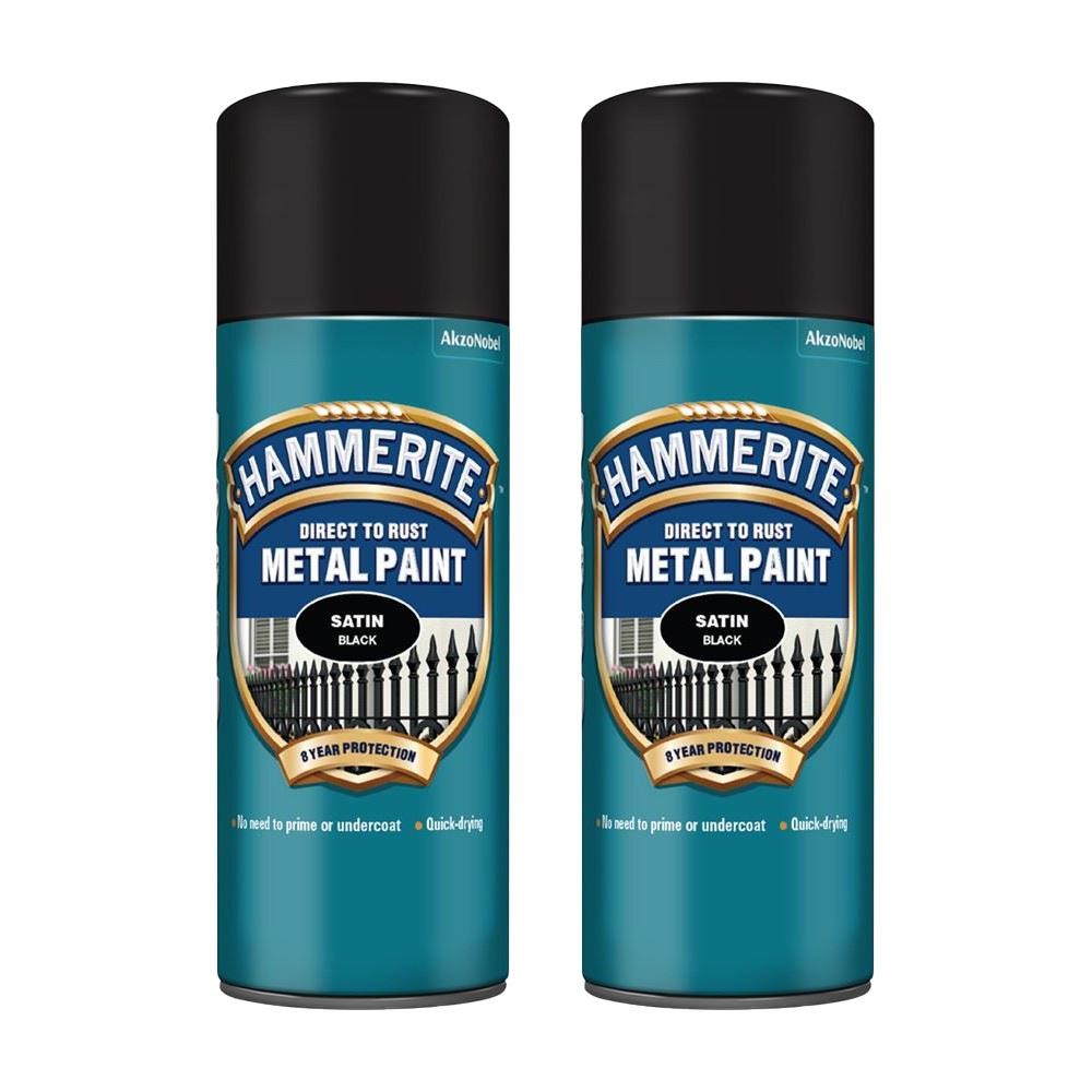 2X Hammerite Satin Black Aerosol Direct to Rust Metal Spray Paint 400ml