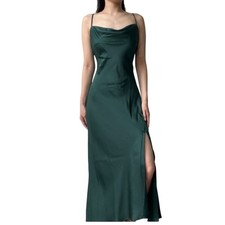 ASTR The Label Green Satin Slip Maxi Dress Cowl Neck Lace Up Back Slit Sz M