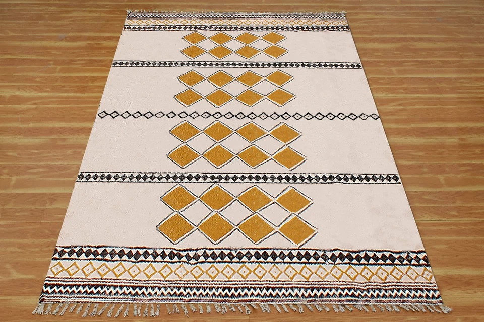 Tapis En Coton Tissé À La Main D'Accent Marocain Jaune Pour Salon - Photo 4/4