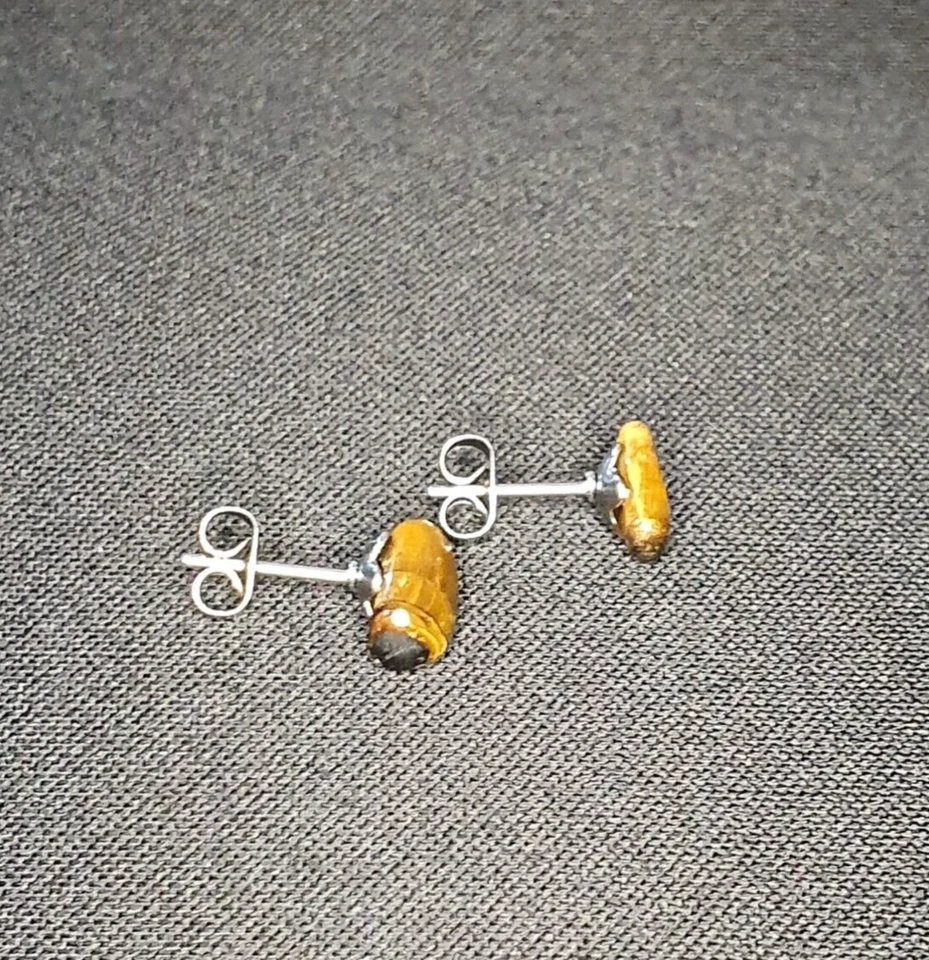 Natural Tiger's Eye Crystal Stone Chip Stainless Steel Stud Earrings Cute Gift - Image 3 of 4