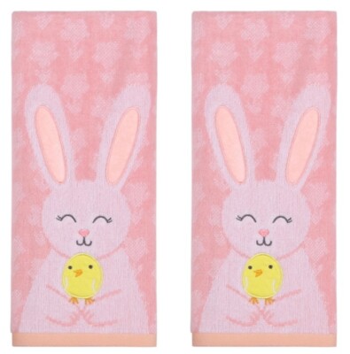 Easter Spring Embroidered Bunny Cotton Bath Kitchen Hand Towels, Set of 2