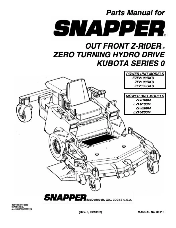 Parts Manual Snapper Out Front Z Rider Riding Mower Kubota