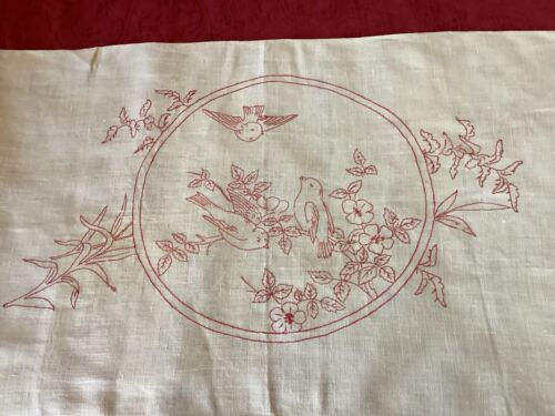 33,5” x 17,5” Vintage Rotarbeit Rotarbeit auf Leinen Vögel und Blumen - Bild 2 von 7