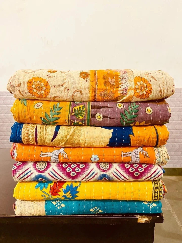 5 Pieces Mix Lot of Indian Tribal Kantha Quilts Vintage Cotton Bed Cover Throw - Image 2 of 4