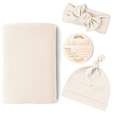 Baby Girl Newborn Receiving Blanket with Matching Headband and Beanie Beige