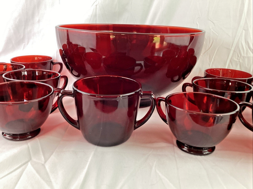 Ruby Red Vintage Glass Punch Bowl Set with 16 Cups + Double Handle Cup MCM - Picture 4 of 19