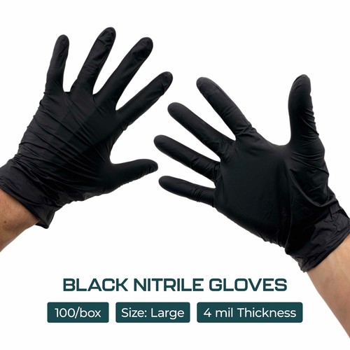 100 pcs/box Black Disposable Nitrile Gloves LARGE 4 Mil Powder & Latex Free